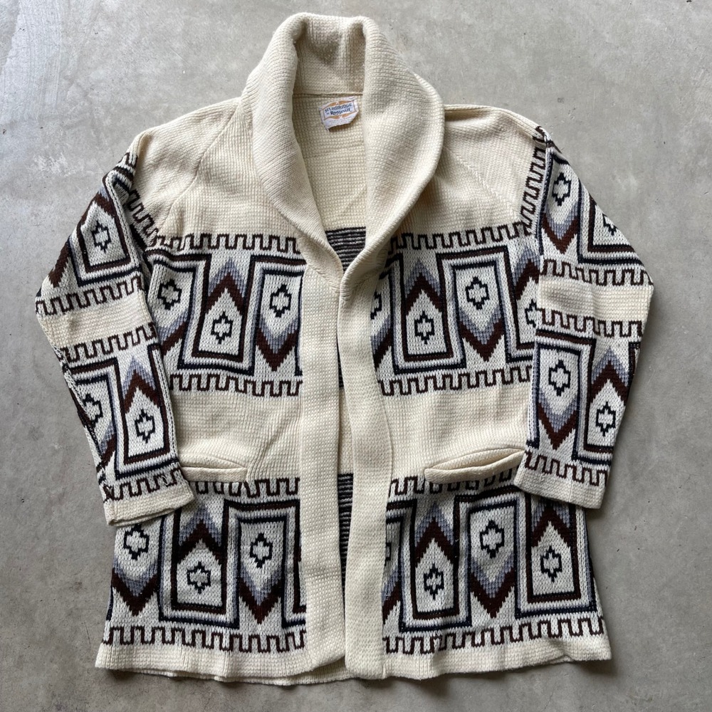 Vintage Sturbridge by Roosevelt Southwestern Shawl Collar Cardigan Sweater Cream